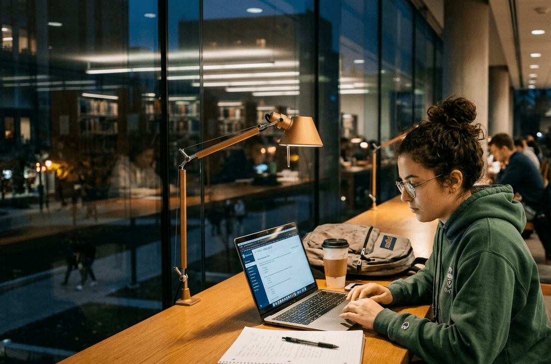 Student studying with a laptop in a library